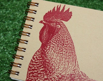 Rooster Mini Journal, Red Ink on Brown Kraft, Recycled Paper