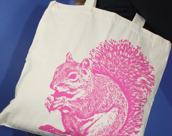 Squirrel Tote Bag, Pink Screen Printed Cotton Canvas