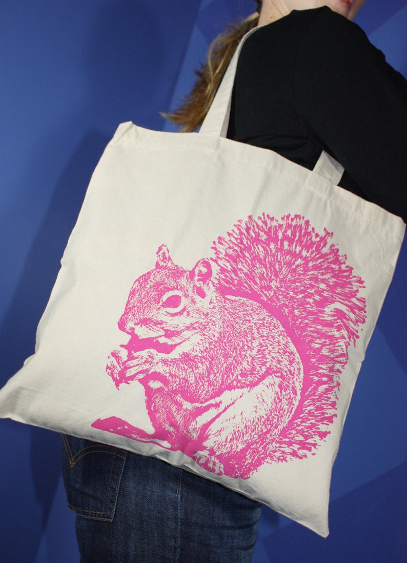 Squirrel Tote Bag in Pink, Squirrel Art, Squirrel Gift, Woodland Animal image 1