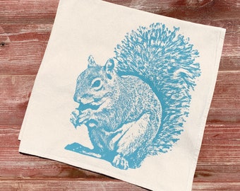 Squirrel Tea Towel in Blue - Natural, Unbleached Cotton, Hand Printed Flour Sack Tea Towel