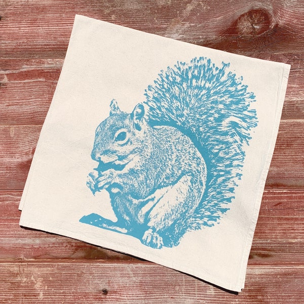 Squirrel Tea Towel in Blue - Natural, Unbleached Cotton, Hand Printed Flour Sack Tea Towel