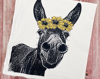 Donkey Tea Towel, DonkeyTowel, Donkey Flower Tea Towel, Donkey Art - Hand Printed Flour Sack Tea Towel