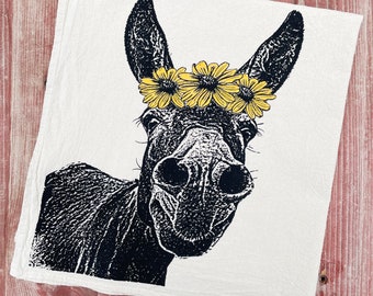 Cottagecore Donkey Tea Towel, Black Eyed Susans, Screen Printed Cotton Flour Sack