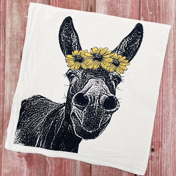 Donkey Tea Towel, DonkeyTowel, Donkey Flower Tea Towel, Donkey Art - Hand Printed Flour Sack Tea Towel