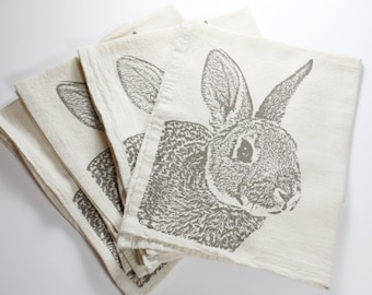 Bunny Napkins, Set of 4, Screen Printed Cotton Flour Sack, Khaki Ink, Rabbit