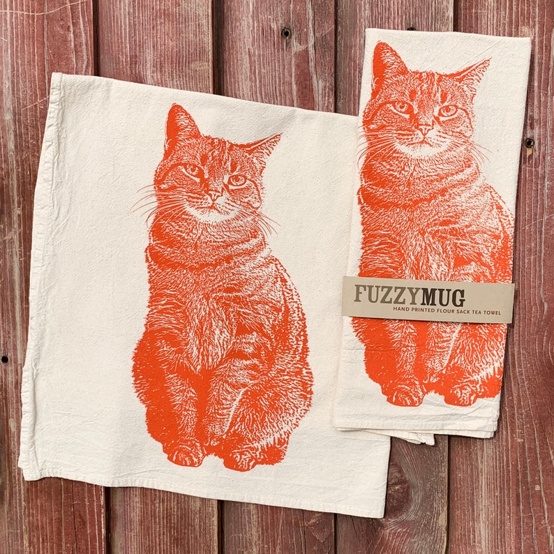 Tabby Cat Tea Towel in Orange, Cat Tea Towel, Cat Towel, Orange Cat Towel Hand Printed Flour Sack Tea Towel image 4