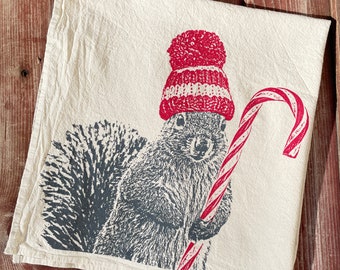 Holiday Squirrel Tea Towel, Squirrel Towel, Christmas Tea Towel, Holiday Towel