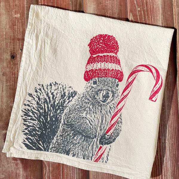 Holiday Squirrel Tea Towel, Squirrel Towel, Christmas Tea Towel, Holiday Towel