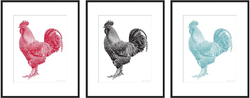 May include: Three framed prints of a rooster illustration. The rooster is depicted in red, black, and blue.