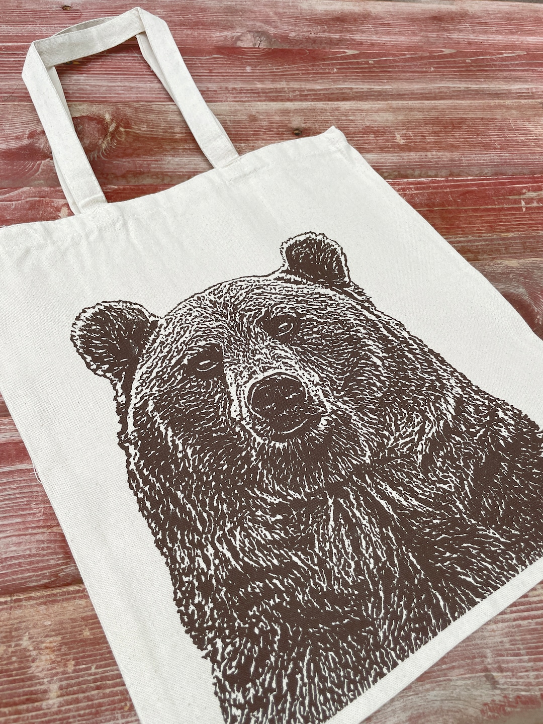 Bear Tote Bag, Grizzly, Cotton, Screenprinted Knitting Bag