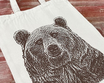 Bear Tote Bag, Grizzly, Cotton, Screenprinted Knitting Bag