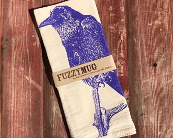 Raven Crow Tea Towel in Purple - Hand Printed Flour Sack Tea Towel, Raven Towel