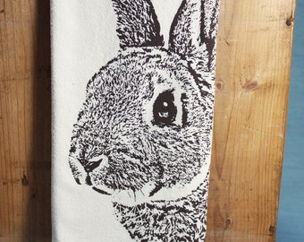 Bunny Tea Towel, Rabbit, Screenprinted Cotton Flour Sack, Dark BROWN Ink