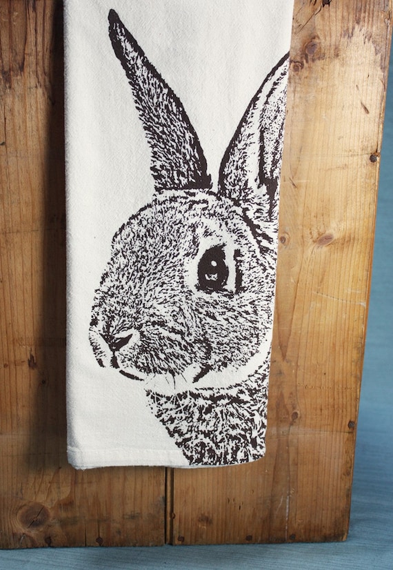 Bunny Tea Towel, Rabbit, Screenprinted Cotton Flour Sack, Dark BROWN Ink