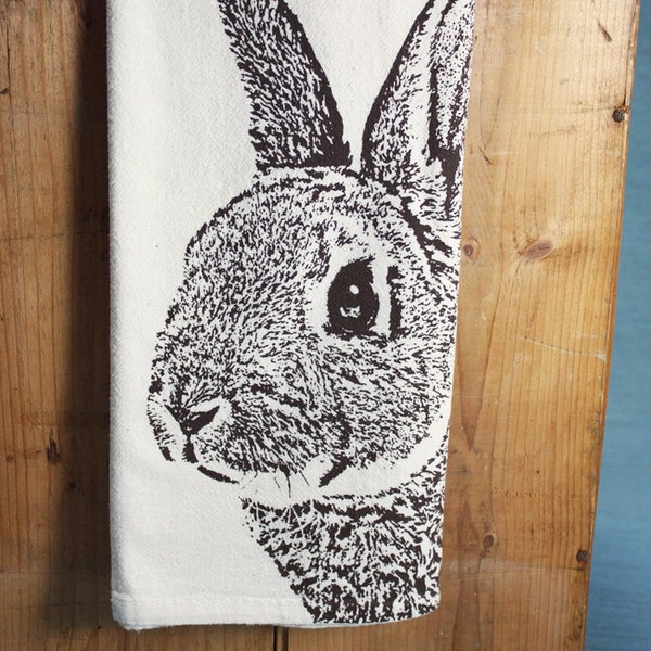 Bunny Tea Towel in Brown, Rabbit Tea Towel - Hand Printed Flour Sack Tea Towel (Unbleached Cotton)