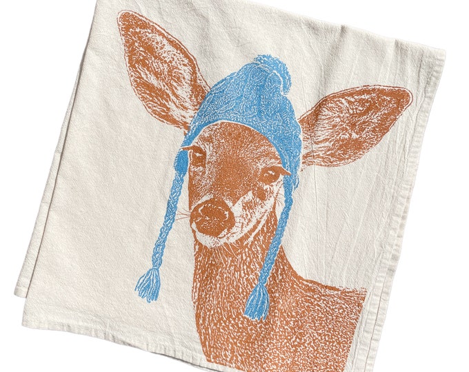 Featured listing image: Deer Tea Towel, Holiday Deer Towel, Christmas Tea Towel, Holiday Towel - Hand Printed Flour Sack Tea Towel