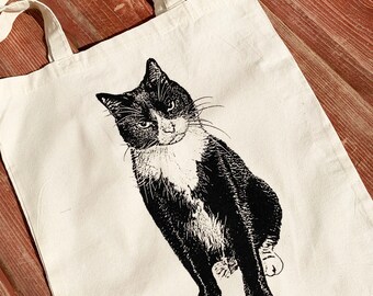 Tuxedo Cat Tote, Screenprinted Knitting Bag UK