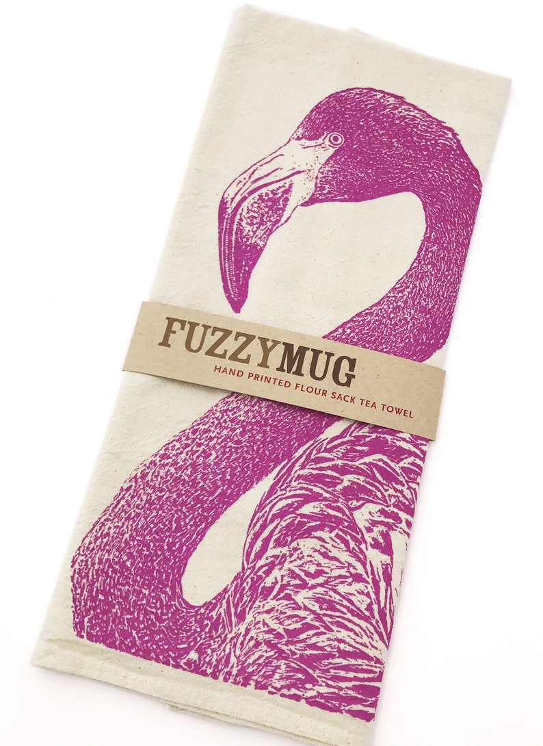 Pink Flamingo Hand Printed Flour Sack Kitchen Towel Unbleached Cotton image 2