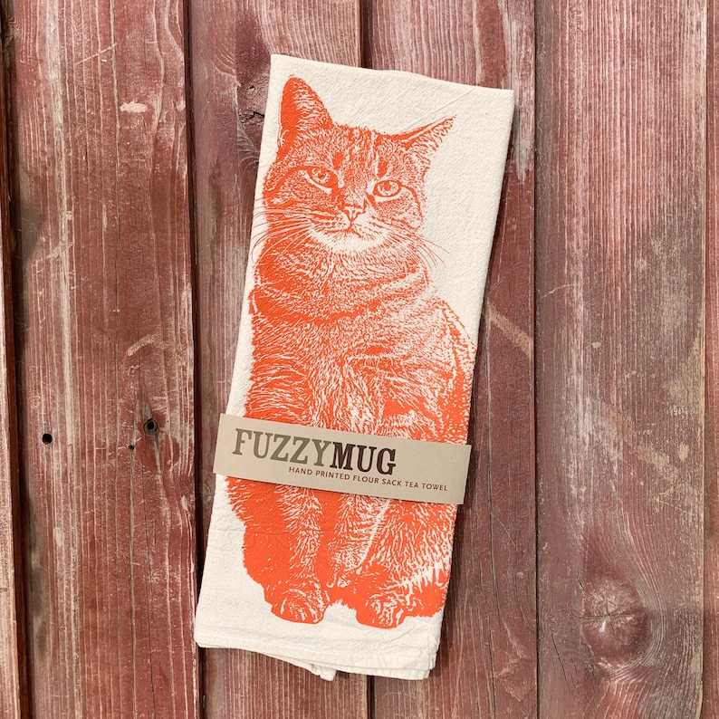 Tabby Cat Tea Towel in Orange, Cat Tea Towel, Cat Towel, Orange Cat Towel Hand Printed Flour Sack Tea Towel image 3