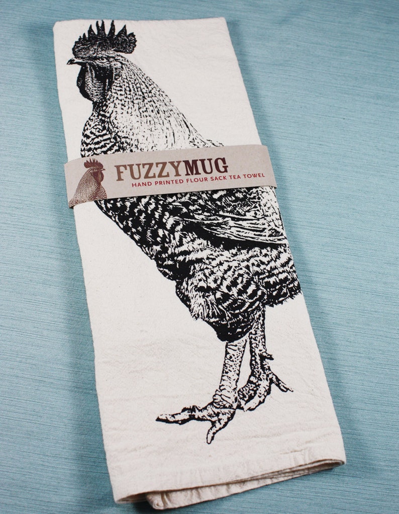 Rooster Tea Towel in Black Hand Printed Flour Sack Tea Towel Unbleached Cotton image 2