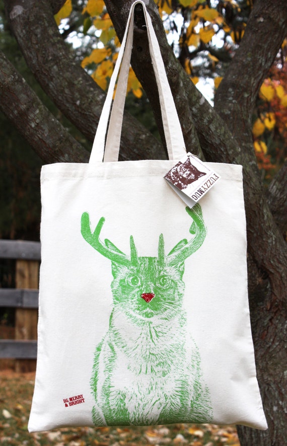 Christmas Cat Tote Bag, Holiday, Knitting, Cotton, Screenprinted