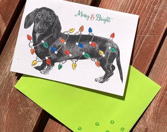 Christmas Dog, Christmas Light, Colored Lights, Christmas Dachshund Card - SINGLE Holiday Card, Merry and Bright