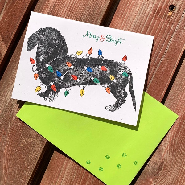 SET OF 4 - Christmas Dog, Christmas Light, Colored Lights, Christmas Dachshund Cards - Holiday Cards, Merry and Bright