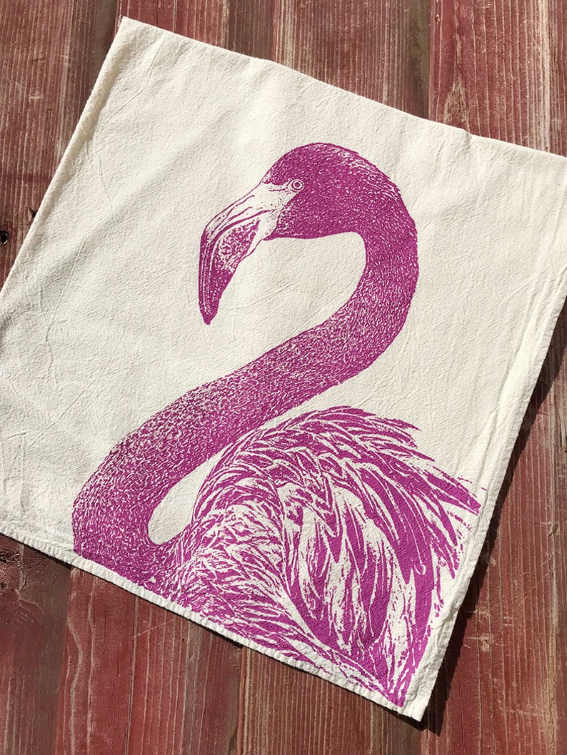 Pink Flamingo Hand Printed Flour Sack Kitchen Towel Unbleached Cotton image 1