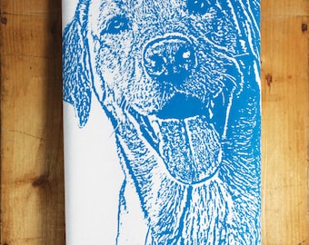 Happy Lab Tea Towel in Royal Blue, Labrador Retriever Tea Towel - Hand Printed Flour Sack Tea Towel, Dog Towel