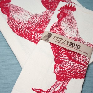 Rooster Tea Towel in Red Hand Printed Flour Sack Tea Towel Unbleached Cotton image 4