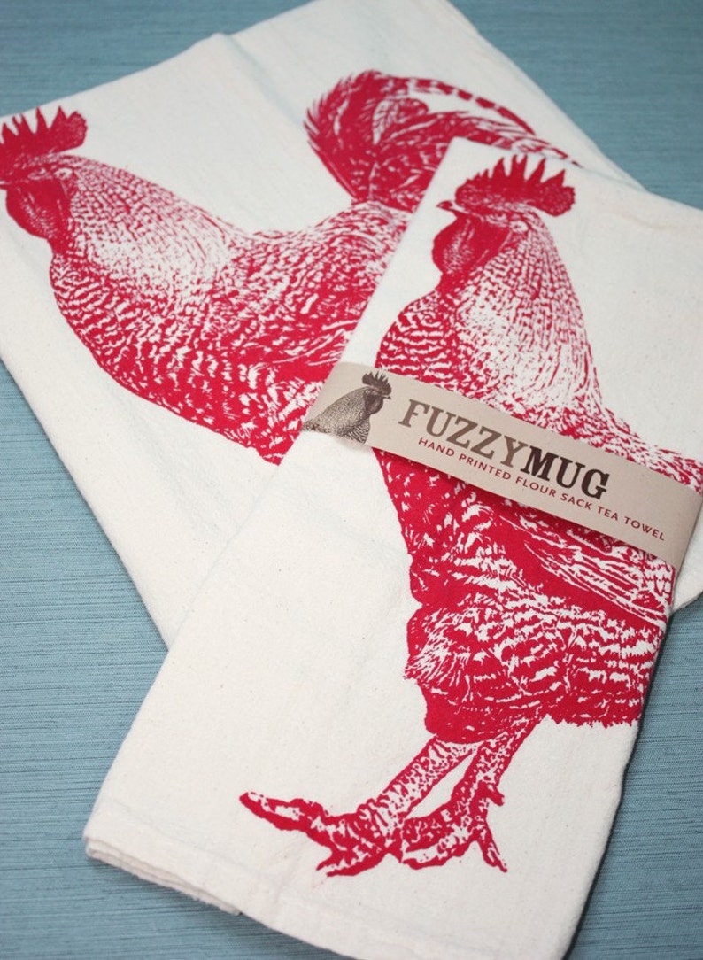 Rooster Tea Towel in Red Hand Printed Flour Sack Tea Towel Unbleached Cotton image 4