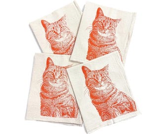 Cottagecore Orange Cat Napkins - Set of 4 - Screen Printed - 100% Cotton Napkins