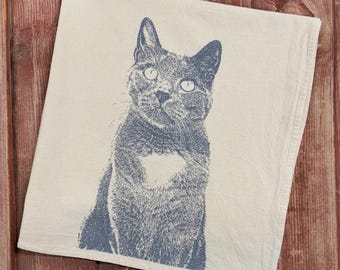Cottagecore Gray Cat Tea Towel, Screen Printed Flour Sack
