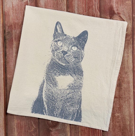 Cottagecore Graue Katze Geschirrtuch, Siebdruck-Mehlsack