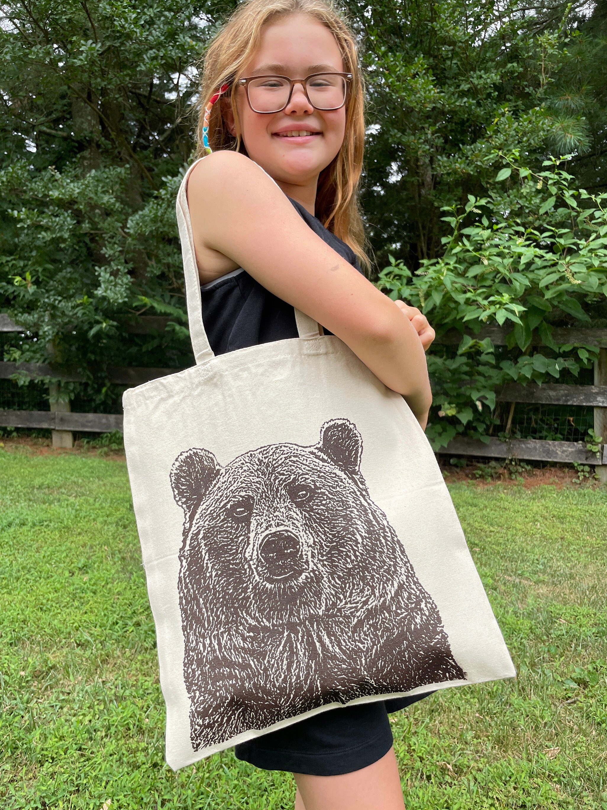 Bear Tote Bag, Grizzly, Cotton, Screenprinted Knitting Bag