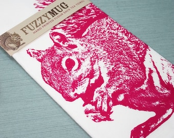 Squirrel Tea Towel, Screen Printed Flour Sack, Rubine Red Ink