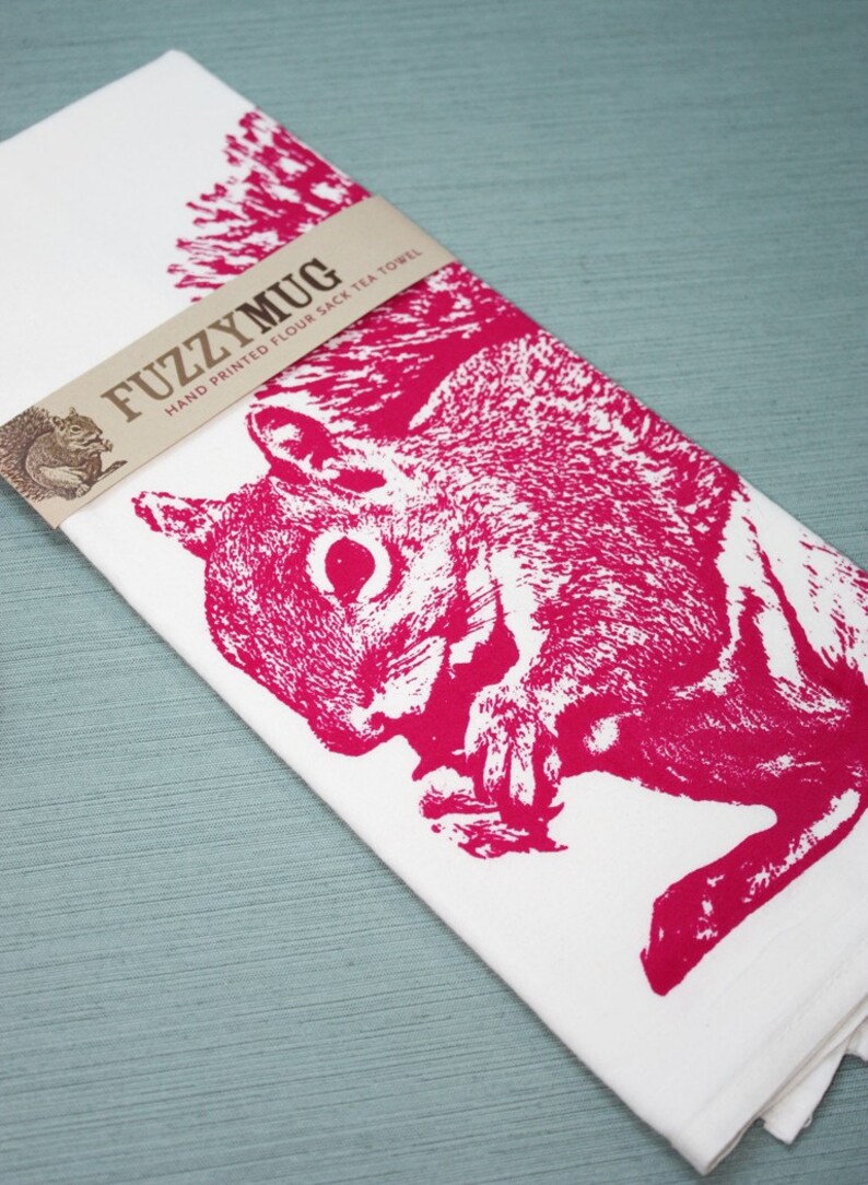 Squirrel Tea Towel in Rubine Red Hand Printed Flour Sack Tea Towel image 1