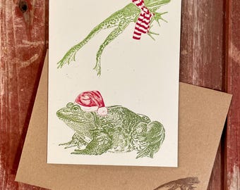 Festive Frog Christmas Card, Recycled Card Stock