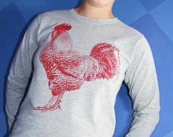 Red Rooster Long Sleeve TShirt, Red on Heather Gray