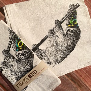 Sloth Tea Towel, Sloth Party Decor, Sloth Towel - Hand-Colored Flour Sack Tea Towel, Dish Towel