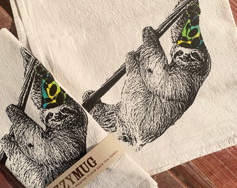 Sloth Tea Towel, Sloth Party Decor, Sloth Towel - Hand-Colored Flour Sack Tea Towel, Dish Towel