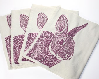 Fuzzy Bunny Napkins in Orchid, Rabbit Napkins - Hand Printed Flour Sack Tea Towel (unbleached cotton)