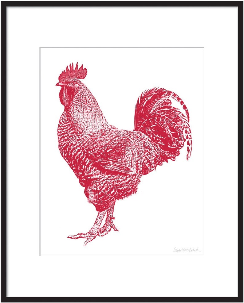 May include: A red rooster illustration with a detailed design. The rooster is standing with its tail feathers spread out.