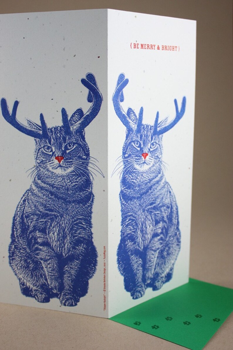 Rudolph Cat Merry and Bright Holiday Cards 4 Pack, Christmas Card Set, Handmade Christmas Cards image 3