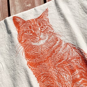 Tabby Cat Tea Towel in Orange, Cat Tea Towel, Cat Towel, Orange Cat Towel Hand Printed Flour Sack Tea Towel image 1