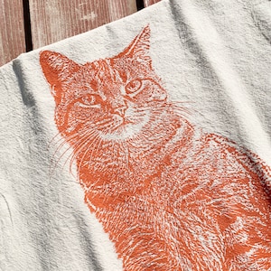 Tabby Cat Tea Towel in Orange, Cat Tea Towel, Cat Towel, Orange Cat Towel Hand Printed Flour Sack Tea Towel image 1