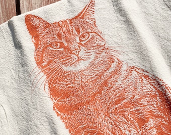 Tabby Cat Tea Towel in Orange, Cat Tea Towel, Cat Towel, Orange Cat Towel - Hand Printed Flour Sack Tea Towel