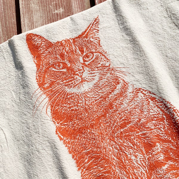 Cottagecore Tabby Cat Tea Towel in Orange, Screen Printed Flour Sack