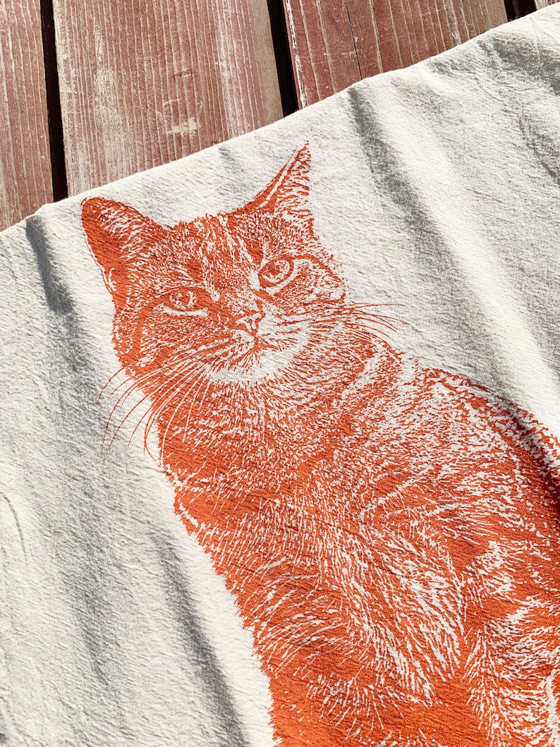 Tabby Cat Tea Towel in Orange, Cat Tea Towel, Cat Towel, Orange Cat Towel Hand Printed Flour Sack Tea Towel image 1