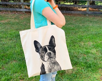 Boston Terrier Tote Bag, Screen Printed Knitting Bag